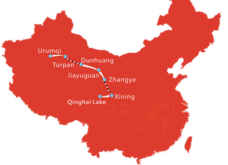 Map of 10 Day Silk Road from Urumqi to Xining Qinghai Lake