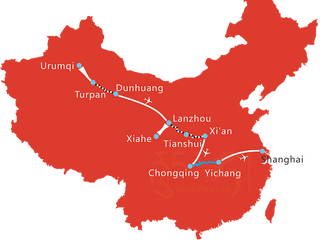 Map of 15 Days Silk Road and Yangtze River Cruise Tour