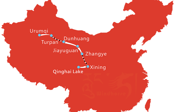 Map of 10 Day Silk Road from Urumqi to Xining Qinghai Lake