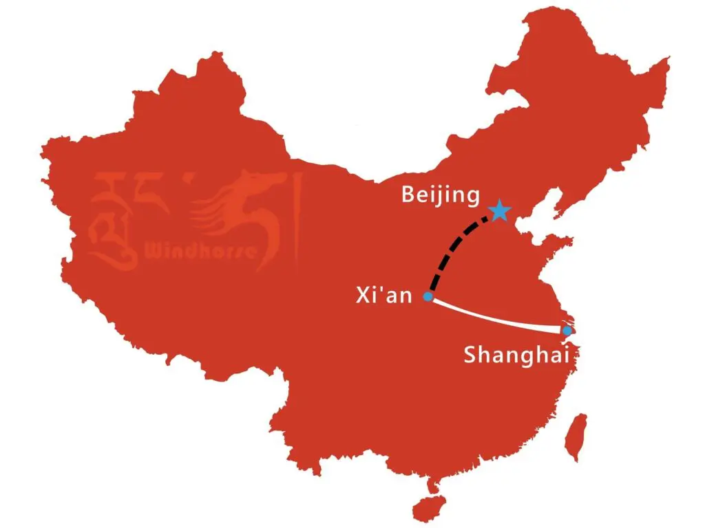 Route map of the 9-day China Golden Triangle Tour — linking Beijing, Xi’an, and Shanghai, China’s three must-visit cities