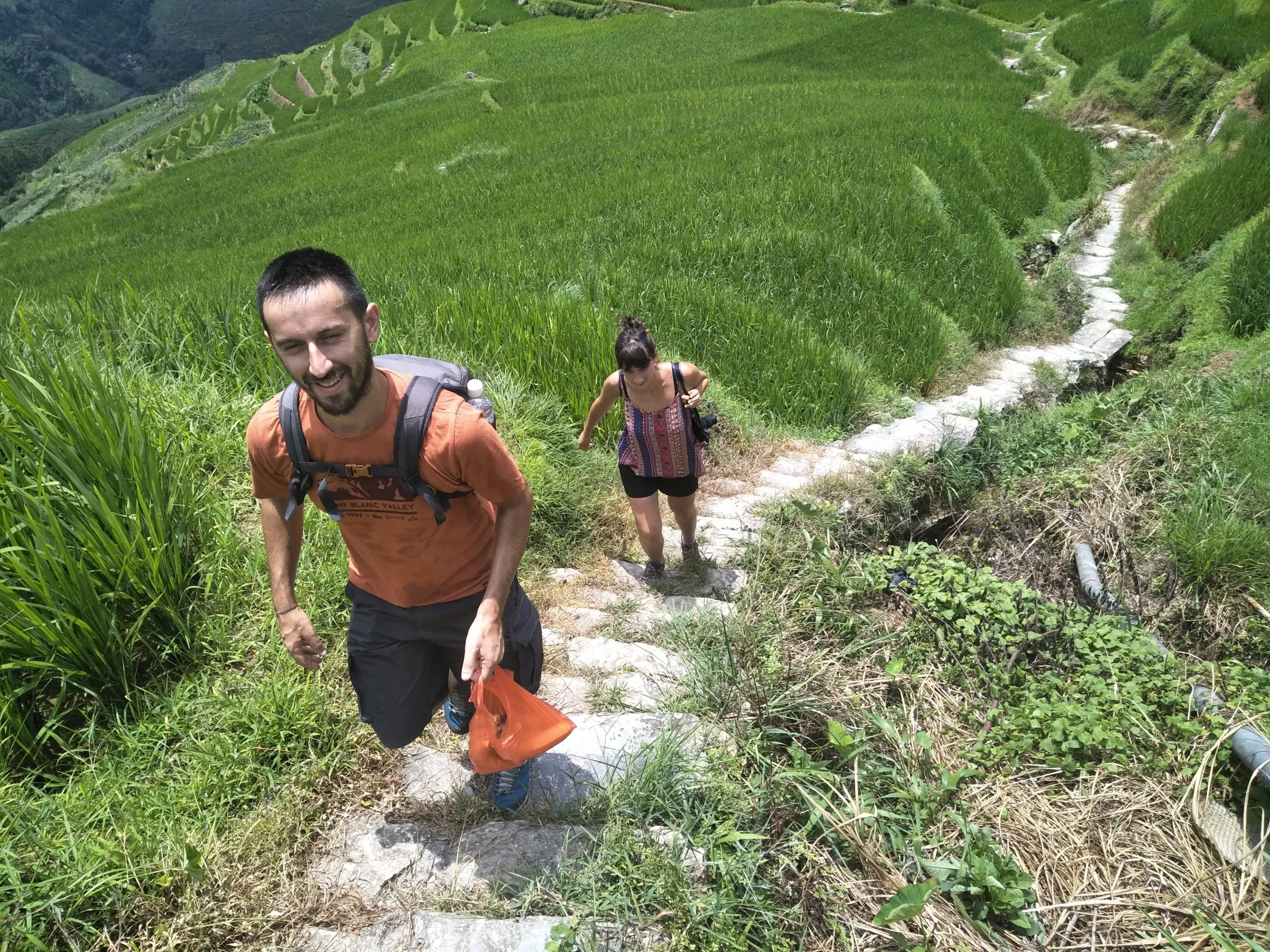 Hiking at Longji rice terrace in summer