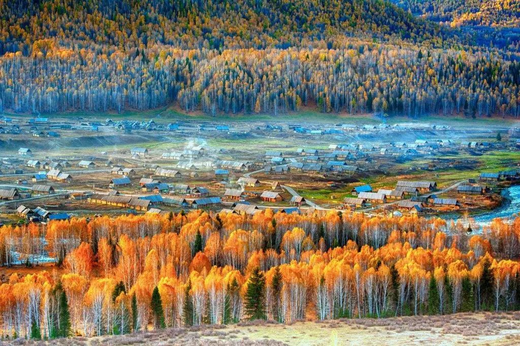 beautiful hemu village in autumn season - northern xinjiang china