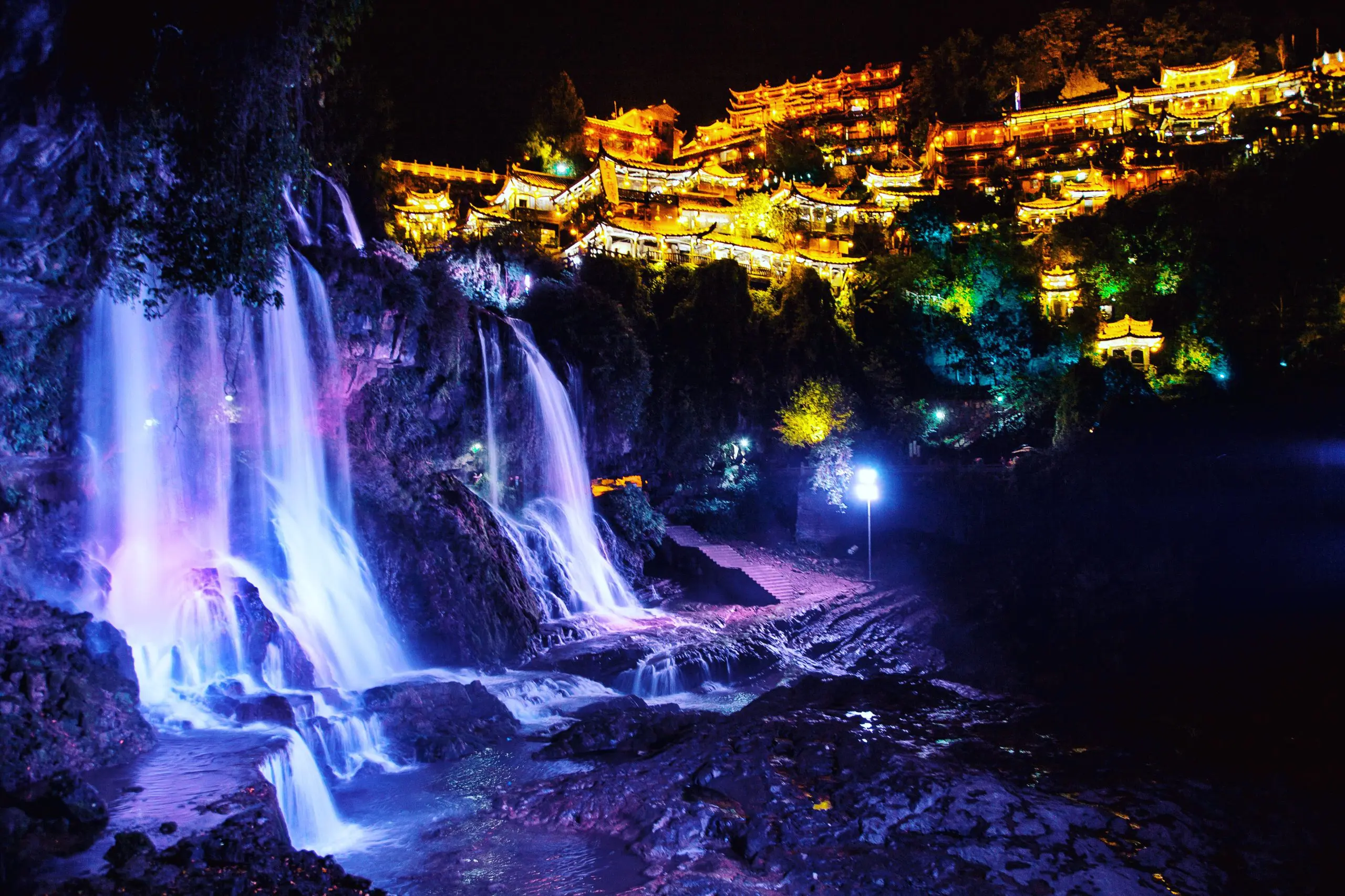 Night View of Furong Ancient Town and its waterfall