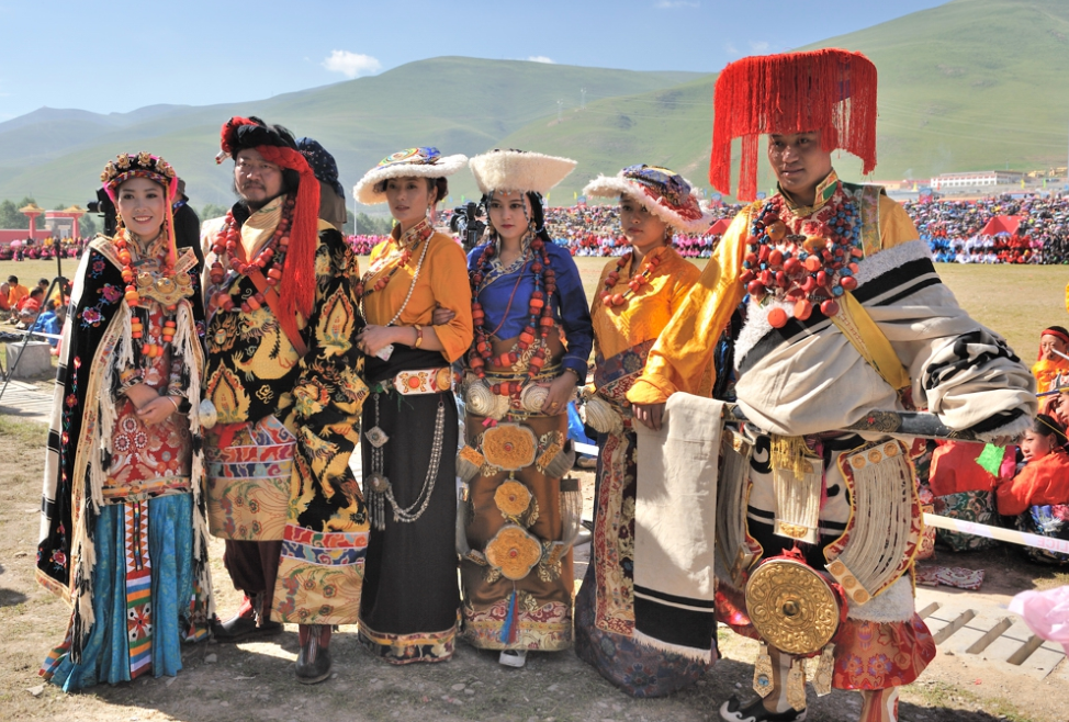 Tibetan women wearing colorful Khampa costumes in Kham, China