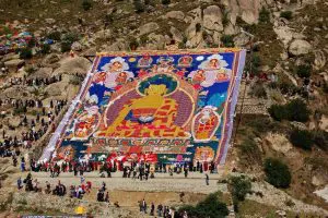 Shoton festival Thangka display at Drepung - Tibet festival tours