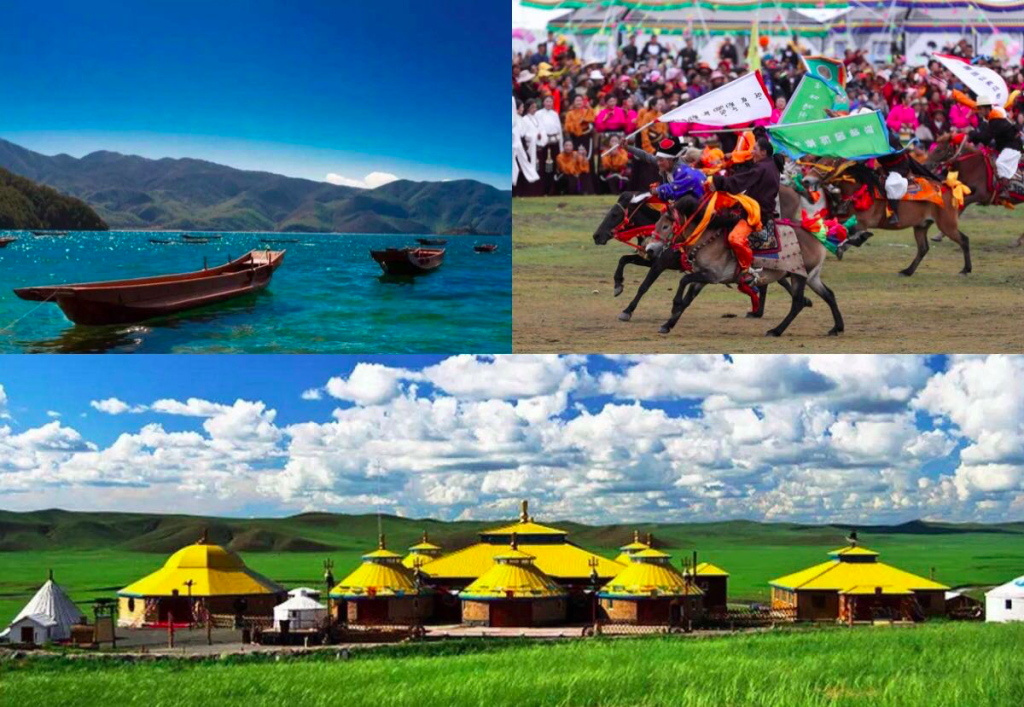 China visit in August with Lugu Lake’s blue alpine waters, Litang’s Tibetan horse racing festival and highland scenery, and the vast summer grasslands of Hulunbuir