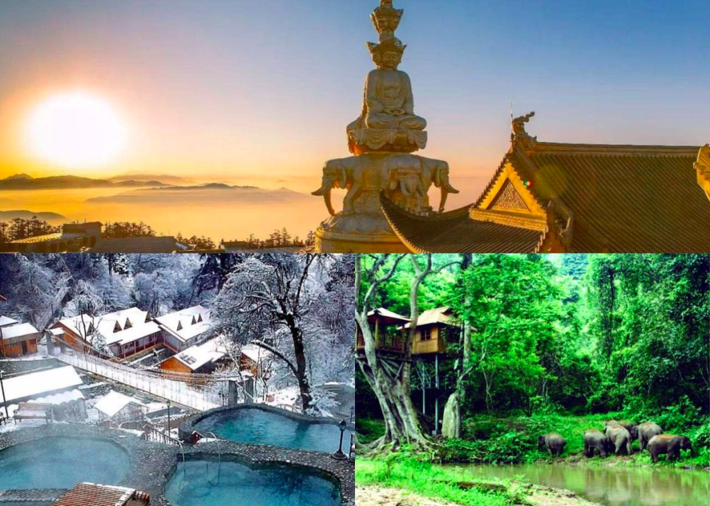 travel China in December with golden summit of Mount Emei, the hot spring of Hailuogou Glacier, and the tropical forests of Xishuangbanna