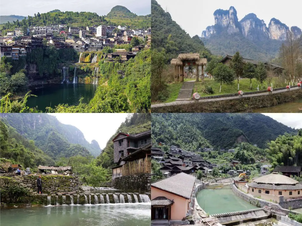Furong Town and Dehang Miao Village near Zhangjiajie, showing waterfalls, traditional houses, and mountain scenery