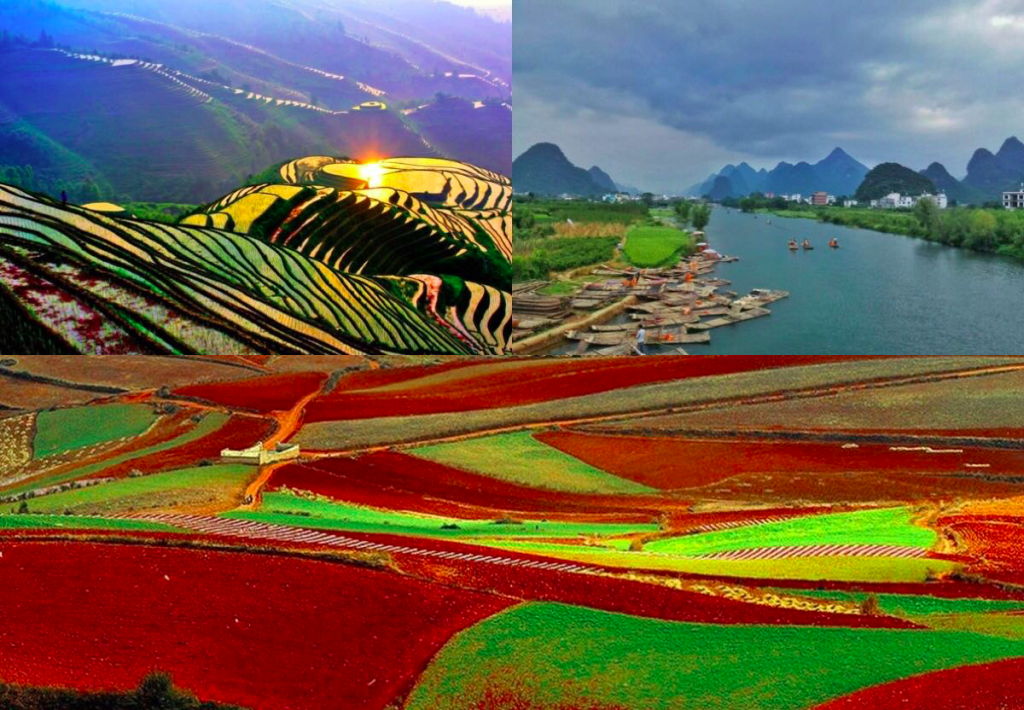 May travel in China with Longji Rice Terraces, Yangshuo countryside scenery, and Dongchuan Red Land landscapes