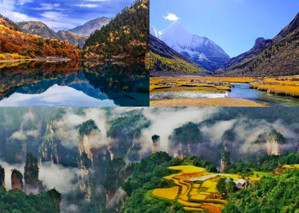 October travel in China with Yading’s snow peaks and golden forests, Jiuzhaigou’s colorful lakes, and Zhangjiajie’s sandstone pillar mountains