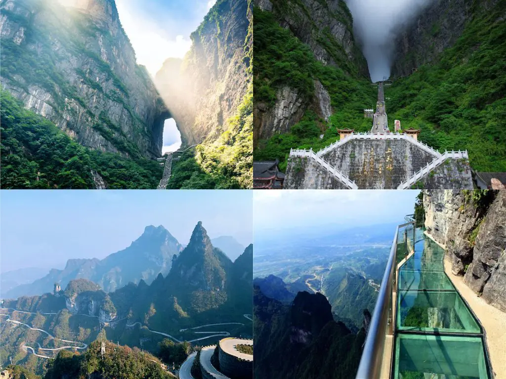 A photo collage showcasing the breathtaking landscapes of Tianmen Mountain in Zhangjiajie