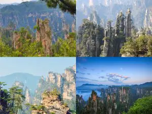 Panoramic views of Zhangjiajie National Forest Park with sandstone pillars and mountain scenery