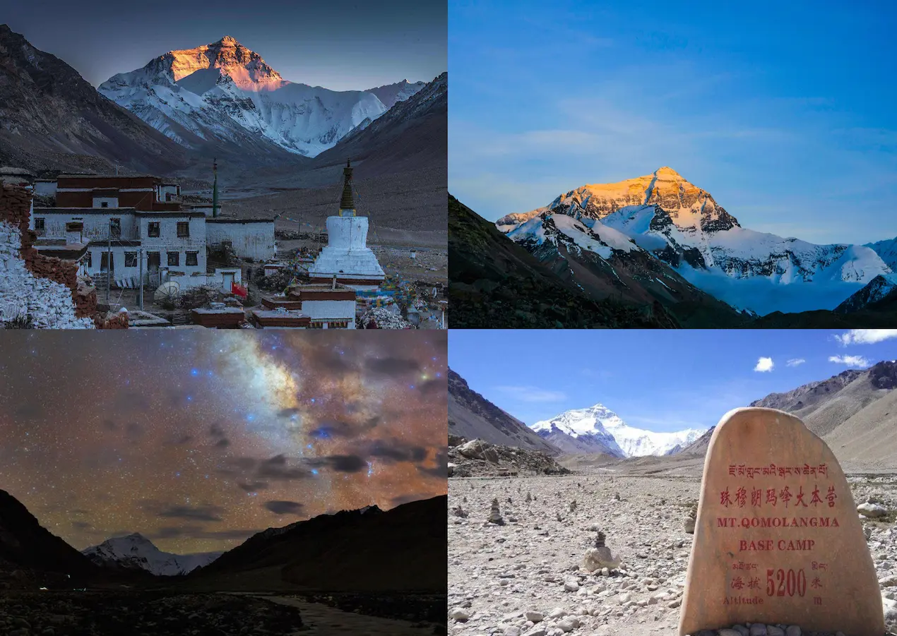 Everest Base Camp in Tibet at sunset under a starry night, one of China’s top natural attractions