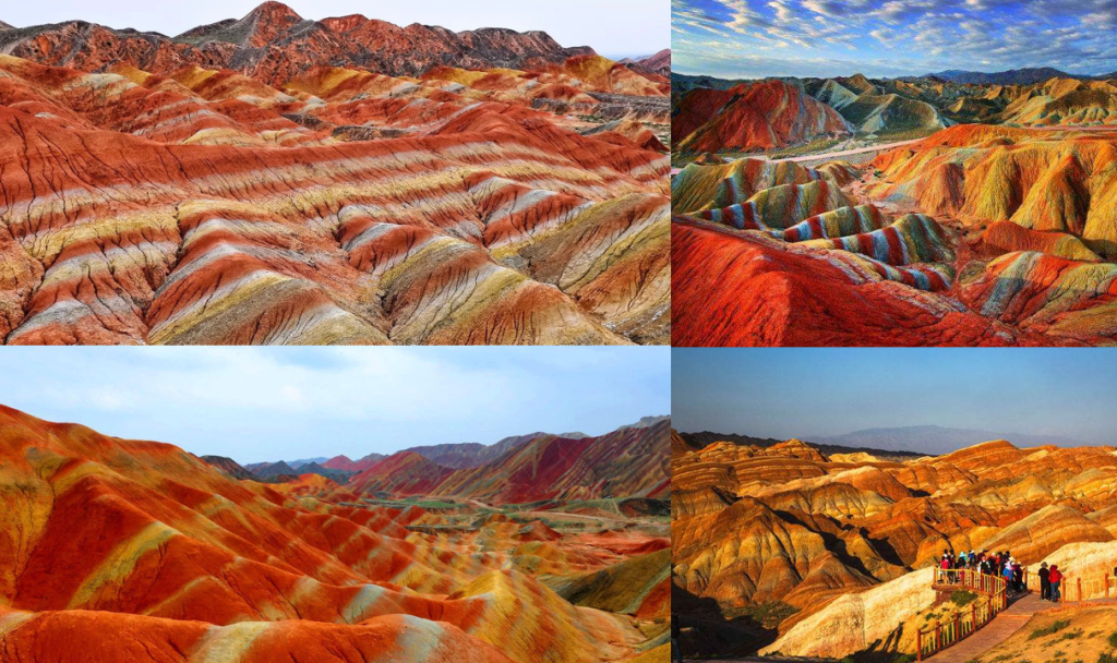 Vibrant red, orange, and yellow hills of Zhangye Danxia Geopark, a UNESCO World Heritage Site in northwest China