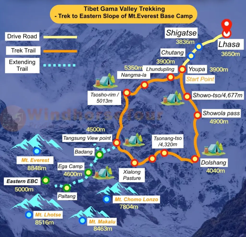 Map of the Gama Valley trek route to Everest East Base Camp in Tibet