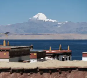 Mount Kailash rising above Lake Manasarovar in western Tibet