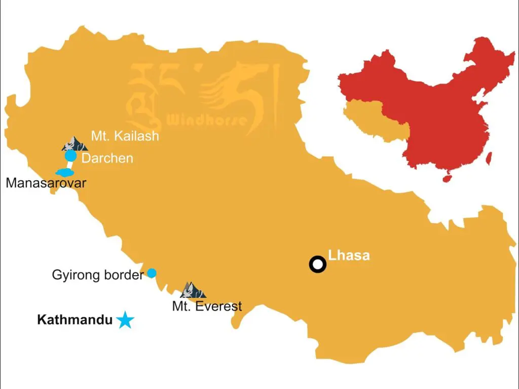 Map of Mount Kailash location in Ngari Prefecture, western Tibet