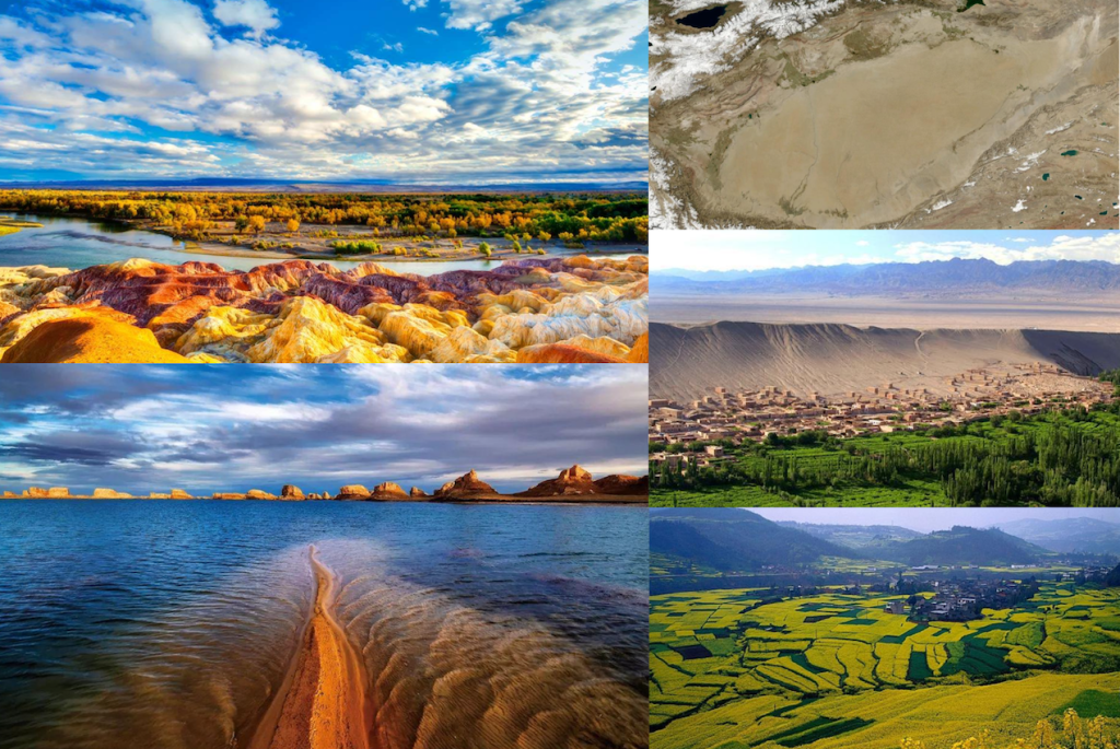 Combined landscape image of the Junggar, Qaidam, Tarim, Turpan, and Sichuan Basins across western and central China