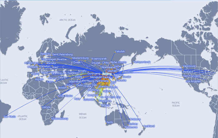 Flight route map in China