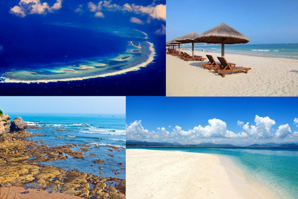 Collage of China’s islands and beaches including the Xisha Islands, Hainan beach, Dalian Jinshitan, and Beihai beach