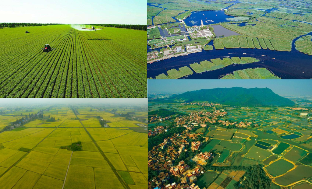Collage showing landscapes of China’s four major plains: Northeast China Plain, North China Plain, Middle-Lower Yangtze Plain, and Pearl River Delta Plain