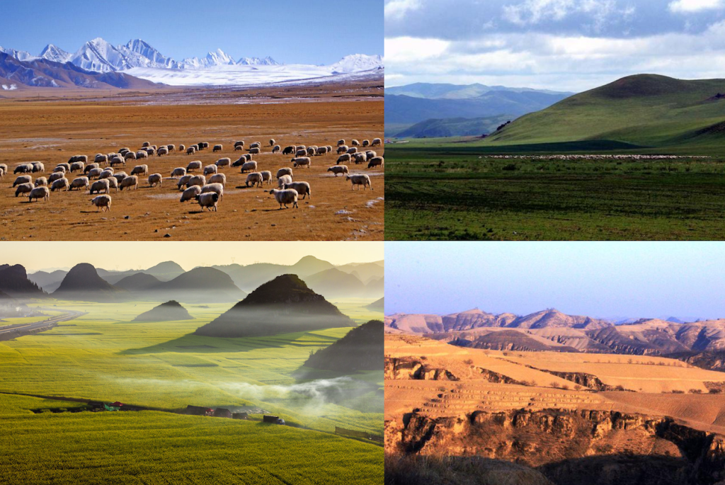 Composite image showing landscapes of China’s four major plateaus: Qinghai-Tibet, Inner Mongolia, Loess, and Yunnan-Guizhou