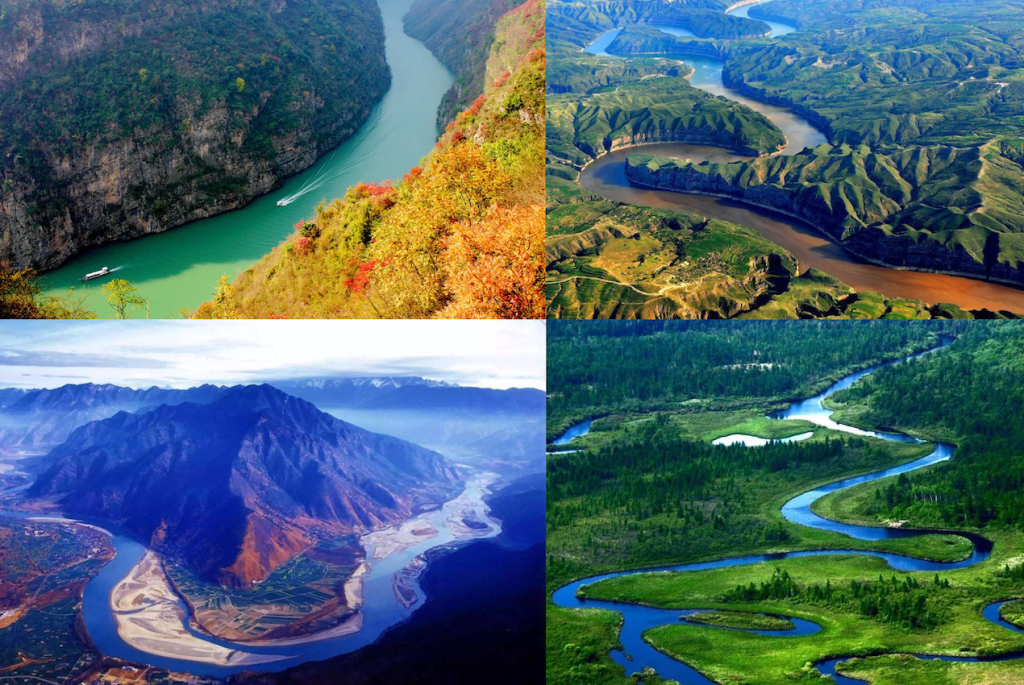 Collage of river landscapes in China including the Yangtze River, Yellow River, Jinsha River, and Heilongjiang River