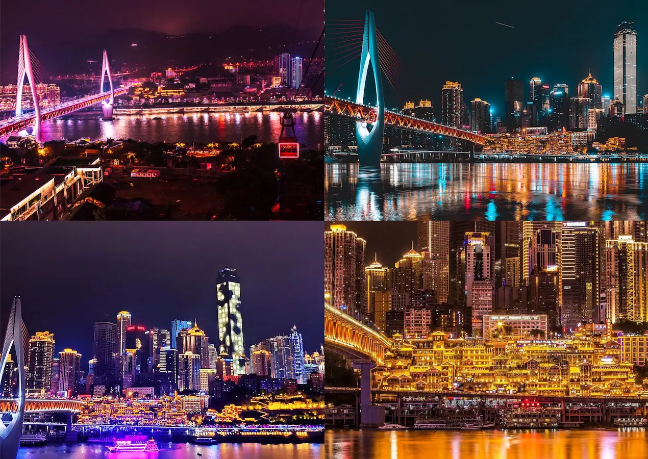Chongqing night view of Hongya cave and Chaotianmen