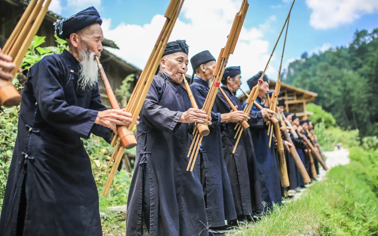 Lusheng playing at Upper Langde Miao village
