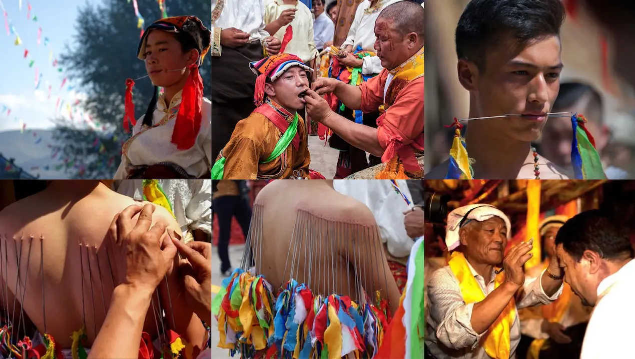 Shaman festival activities: mouth Piercing, back piercing, forehead cutting