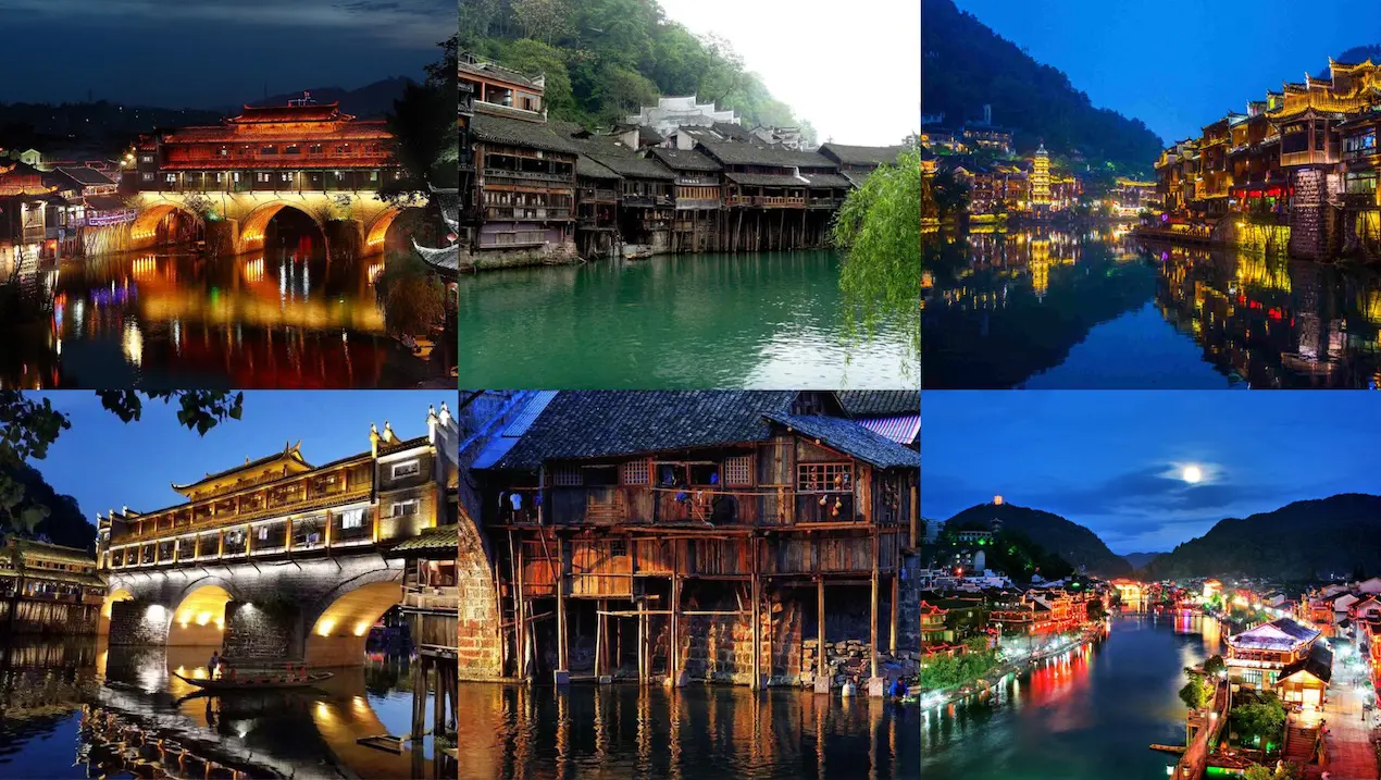 Fenghuang top attractions: Hong bridge, Stilt houses (Diaojiaolou), night view