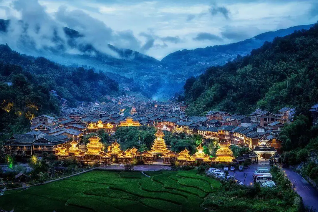 Zhaoxing Dong village at dusk