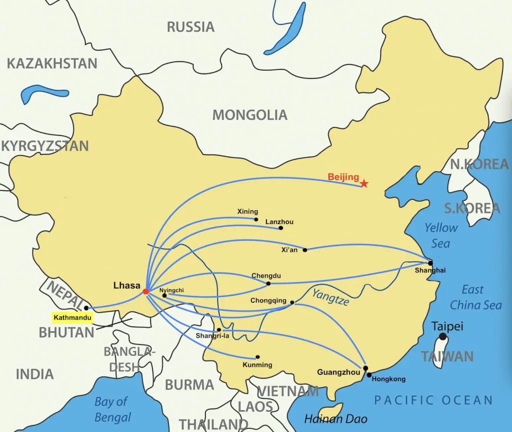 map of flights to tibet