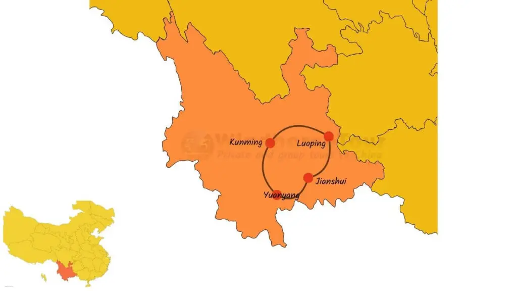 map for Yunnan photography tour to Yuanyang and Luoping