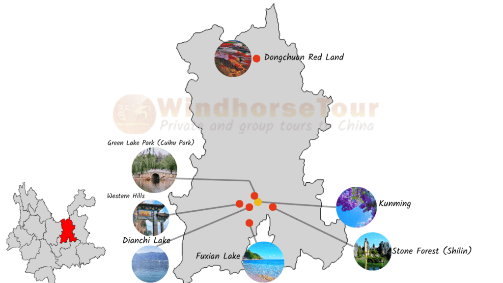 Kunming city Map with Attractions