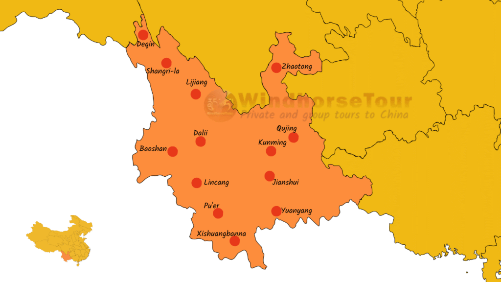 Map of Major tourist Cities in Yunnan