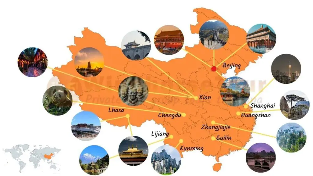 Map of China showing major tourist attractions and popular travel destinations