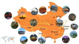 Map of China showing major tourist attractions and popular travel destinations