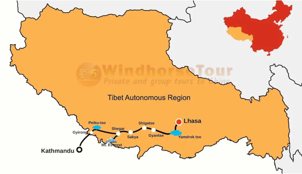 Lhasa to Kathmandu overland travel map 