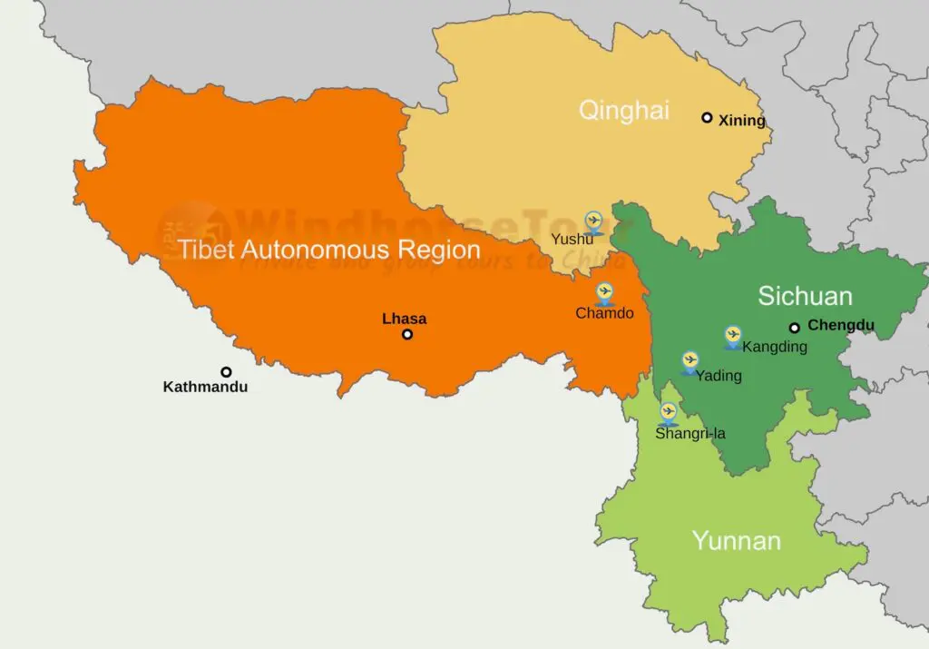 Locations of main airports in the Kham region of Tibet, including Kangding, Qamdo, and Yushu.