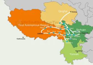 Map of Kham Tibet showing major overland routes and best travel itineraries connecting Lhasa, Chengdu, Yushu, and Dege.