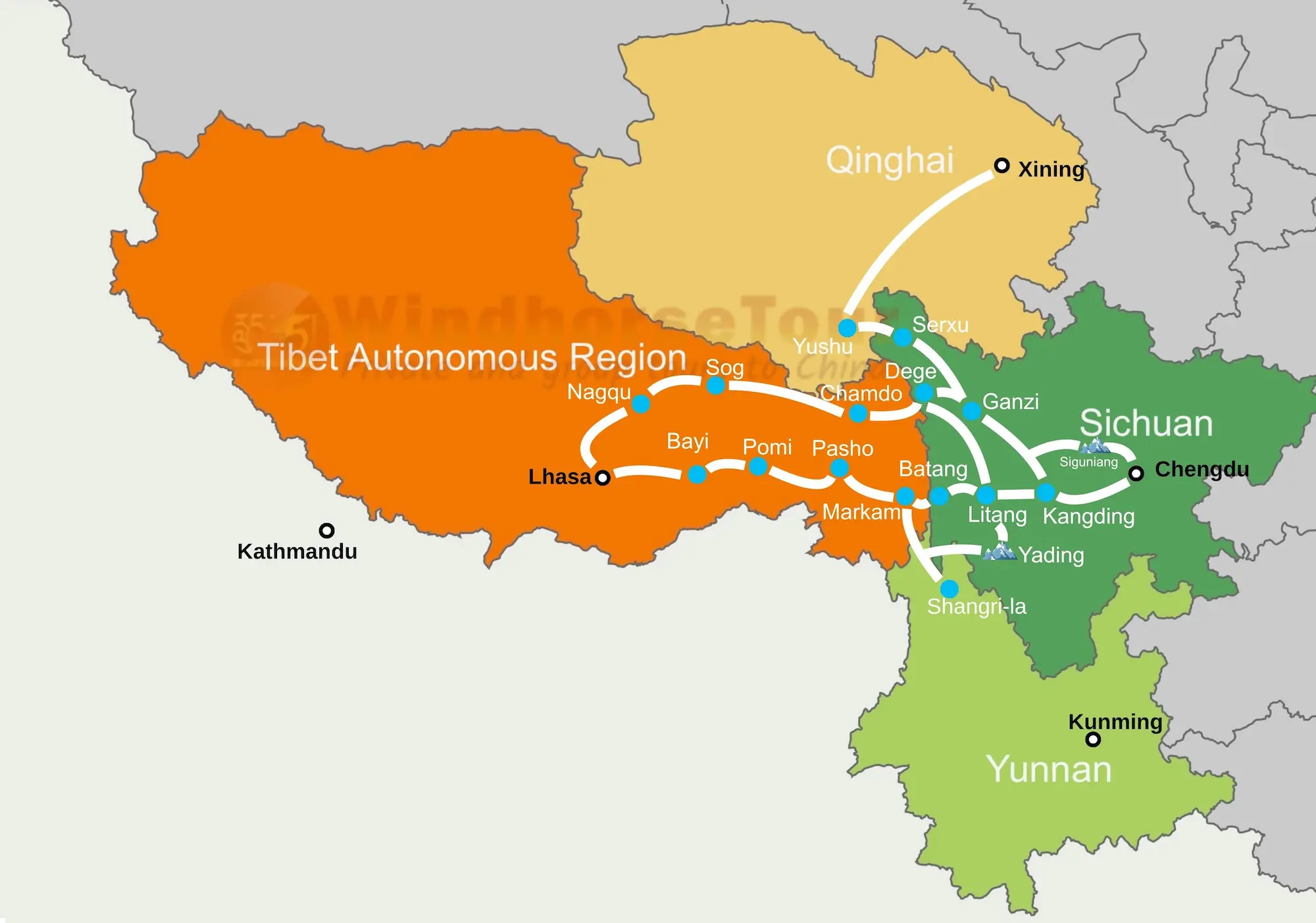 Map of Kham Tibet showing major overland routes and best travel itineraries connecting Lhasa, Chengdu, Yushu, and Dege.