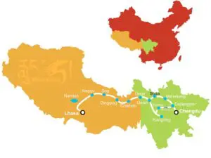 Map of the Sichuan–Tibet Highway Northern Route (G317) from Chengdu to Lhasa with major towns