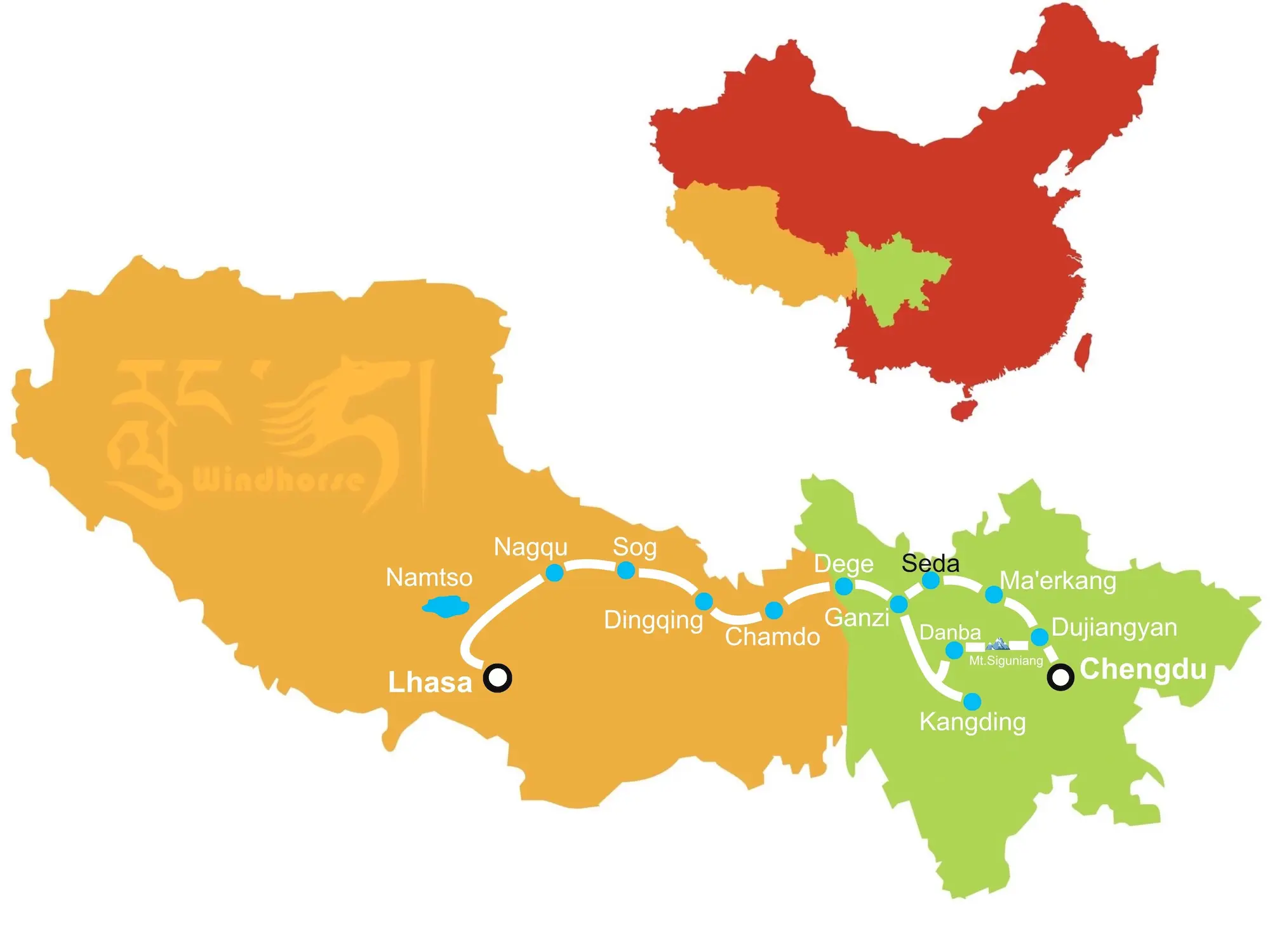 Map of the Sichuan–Tibet Highway Northern Route (G317) from Chengdu to Lhasa with major towns