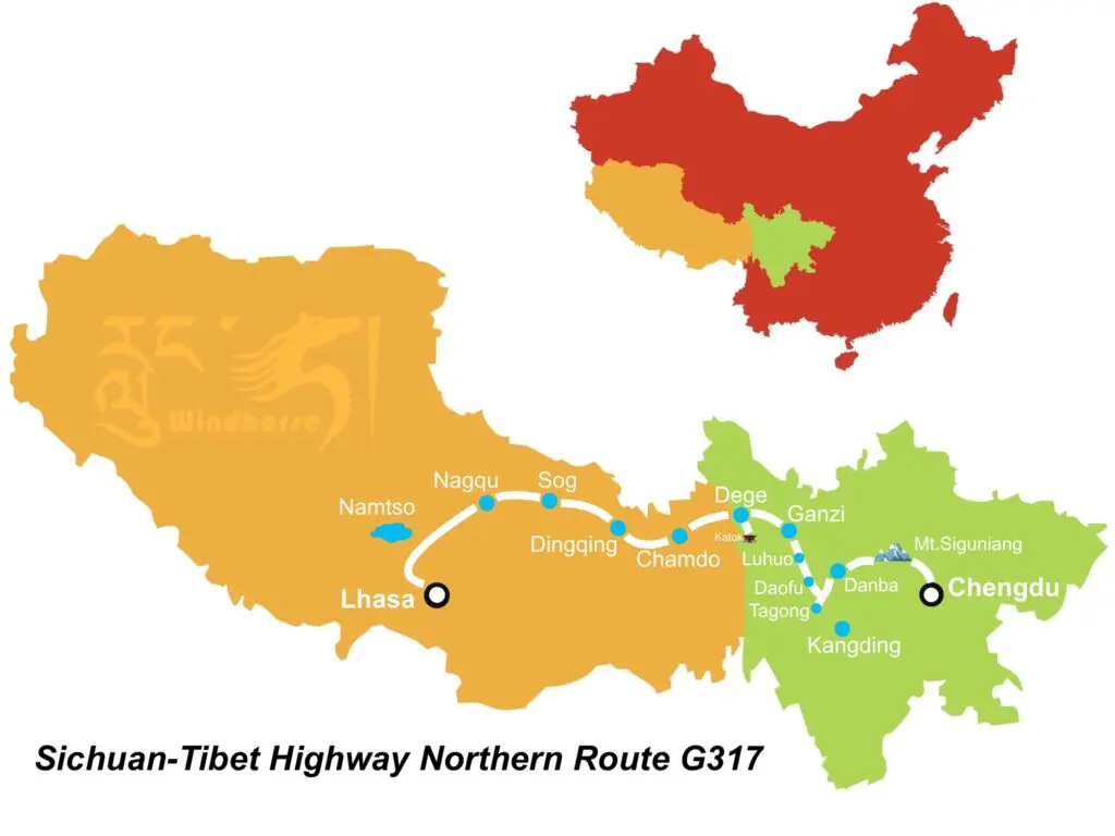 Sichuan Tibet highway Northern Route Map - Chengdu to Lhasa via G317