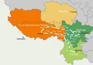 Map showing the Sichuan–Tibet (G317 & G318) and Yunnan–Tibet (G214 + G318) highway routes from Chengdu and Kunming to Lhasa.