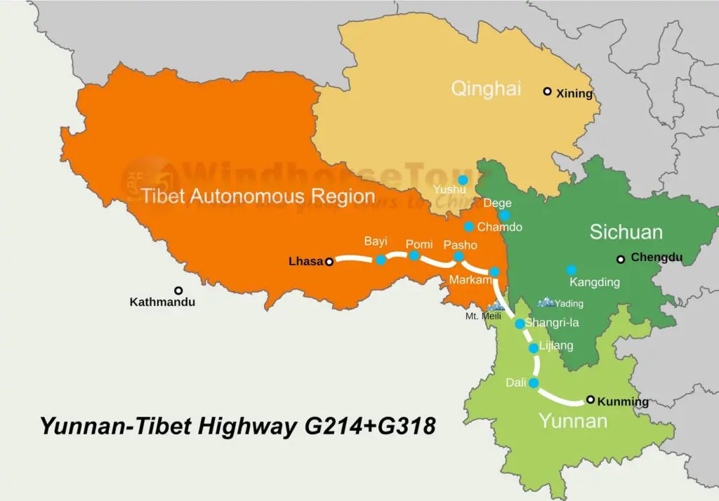Yunnan Tibet Highway Map, Overland tour from Kunming to Lhasa (G214+G318)