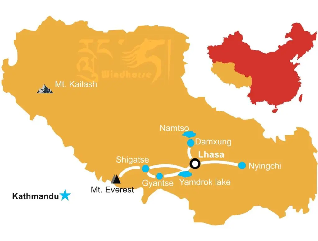 Nyingchi to Everest Base Camp and Namtso Lake route map