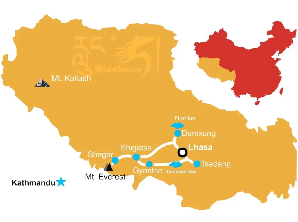 Route map for the Tibet Everest Base Camp and Yarlung Valley itinerary
