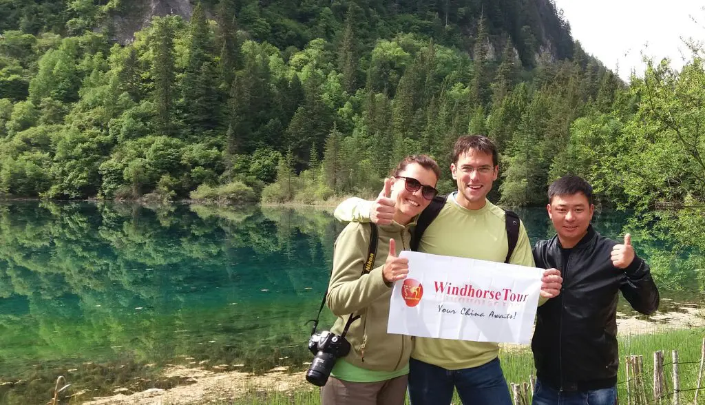 WindhorseTour travelers at Jiuzhaigou National Park in Sichuan during the 3 Day Jiuzhaigou Train Tour from Chengdu